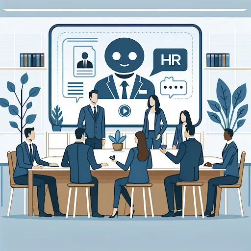 Illustration of a team seated around a conference table while a smiling chatbot avatar in a suit appears on a wall screen next to an HR speech bubble