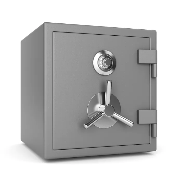 Grey steel safe with a combination dial and three-spoke handle