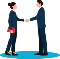Two people in business suits shaking hands; one holds a red folder